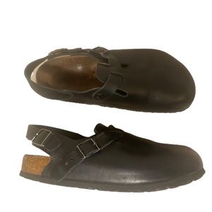 Birkenstock Clogs Comfort Flat Slingback Black Leather Mules L7/M5 Plantar sz 38